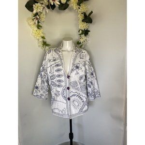 Draper's & Damon's Jacket Size PL Embroidered Embellished Floral White Blue Boho